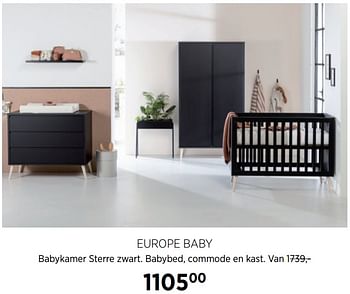Aanbiedingen Europe baby babykamer sterre zwart. babybed, commode en kast - Europe baby - Geldig van 21/07/2020 tot 17/08/2020 bij Babypark