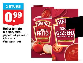 Aanbiedingen Heinz tomato blokjes, frito, gepeld of gezeefd - Heinz - Geldig van 22/07/2020 tot 28/07/2020 bij Hoogvliet
