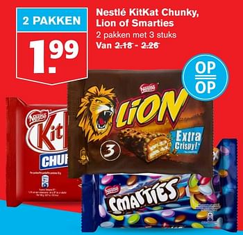 Aanbiedingen Nestlé kitkat chunky, lion of smarties - Nestlé - Geldig van 22/07/2020 tot 28/07/2020 bij Hoogvliet