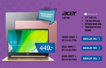 Aanbiedingen Acer laptop zilver: swift 1 sf114-32-p7fa - Acer - Geldig van 10/08/2020 tot 30/08/2020 bij Electro World