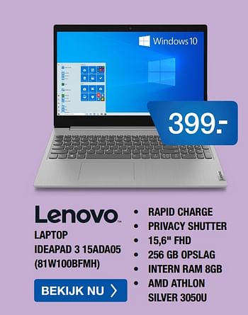 Aanbiedingen Lenovo laptop ideapad 3 15ada05 81w100bfmh - Lenovo - Geldig van 10/08/2020 tot 30/08/2020 bij Electro World