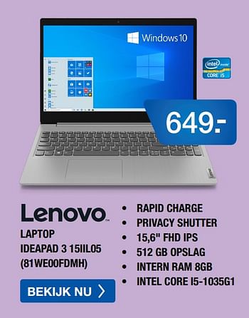 Aanbiedingen Lenovo laptop ideapad 3 15iil05 81we00fdmh - Lenovo - Geldig van 10/08/2020 tot 30/08/2020 bij Electro World