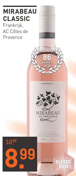 Aanbiedingen Mirabeau classic frankrijk ac côtes de provence - Rosé wijnen - Geldig van 03/08/2020 tot 23/08/2020 bij Gall & Gall