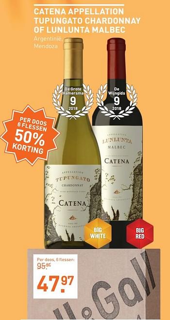Aanbiedingen Catena appellation tupungato chardonnay of lunlunta malbec argentinië mendoza - Rode wijnen - Geldig van 03/08/2020 tot 23/08/2020 bij Gall & Gall