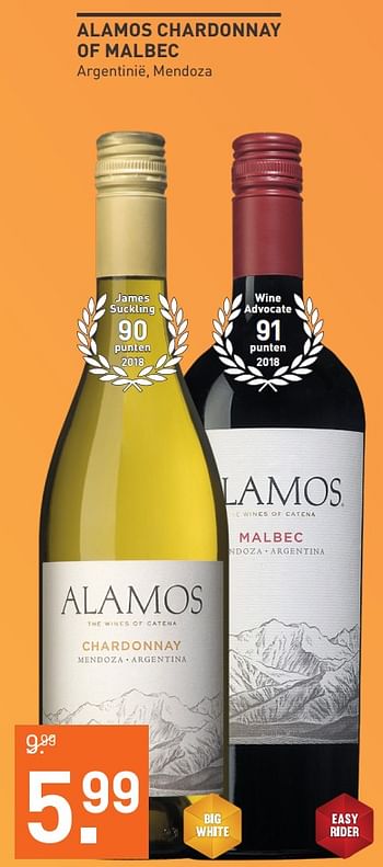 Aanbiedingen Alamos chardonnay of malbec argentinië mendoza - Rode wijnen - Geldig van 03/08/2020 tot 23/08/2020 bij Gall & Gall