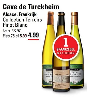 Aanbiedingen Cave de turckheim alsace, frankrijk collection terroirs pinot blanc - Witte wijnen - Geldig van 06/08/2020 tot 24/08/2020 bij Sligro