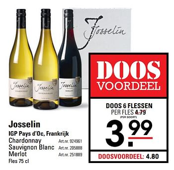 Aanbiedingen Josselin igp pays d`oc, frankrijk chardonnay - Witte wijnen - Geldig van 06/08/2020 tot 24/08/2020 bij Sligro