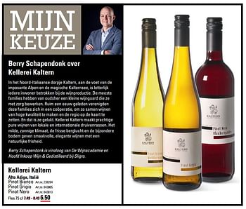 Aanbiedingen Kellerei kaltern alto adige, italië pinot bianco - Witte wijnen - Geldig van 06/08/2020 tot 24/08/2020 bij Sligro