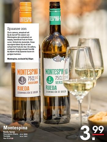 Aanbiedingen Montespina rueda, spanje sauvignon blanc - Witte wijnen - Geldig van 06/08/2020 tot 24/08/2020 bij Sligro