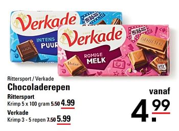 Aanbiedingen Chocoladerepen rittersport - Verkade - Geldig van 06/08/2020 tot 24/08/2020 bij Sligro