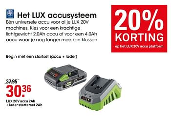Aanbiedingen Lux 20v accu 2ah + lader starterset 2ah - Lux - Geldig van 10/08/2020 tot 23/08/2020 bij Karwei