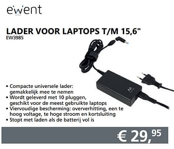 Aanbiedingen Lader voor laptops t-m 15,6 - Ewent - Geldig van 10/08/2020 tot 30/08/2020 bij Informatique