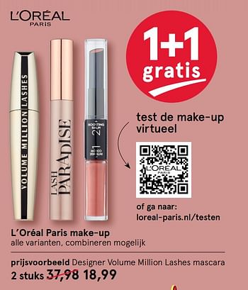 Aanbiedingen Designer volume million lashes mascara - L'Oreal Paris - Geldig van 10/08/2020 tot 23/08/2020 bij Etos