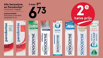 Aanbiedingen Sensodyne fresh mint tandpasta - Sensodyne - Geldig van 10/08/2020 tot 23/08/2020 bij Etos