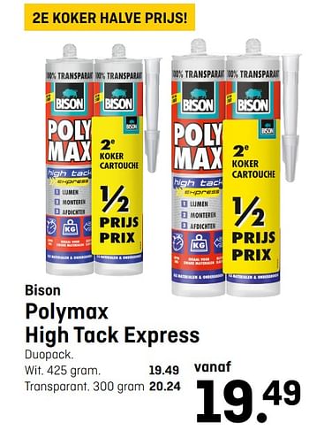 Aanbiedingen Polymax high tack express - Bison - Geldig van 16/08/2020 tot 30/08/2020 bij Hubo