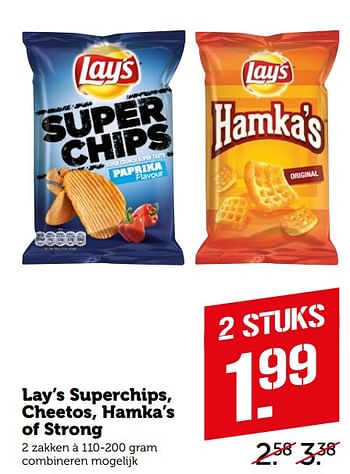 Aanbiedingen Lay`s superchips, cheetos, hamka`s of strong - Lay's - Geldig van 17/08/2020 tot 31/08/2020 bij Coop