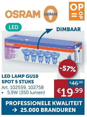 Aanbiedingen Led lamp gu10 spot 5 stuks - Osram - Geldig van 22/09/2020 tot 19/10/2020 bij Zelfbouwmarkt