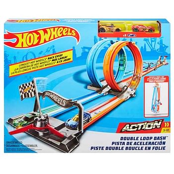 Aanbiedingen Hot Wheels Action dubbele looping racetrack - Hot Wheels - Geldig van 26/09/2020 tot 11/10/2020 bij ToyChamp