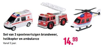 Aanbiedingen Set van 3 speelvoertuigen brandweer, helikopter en ambulance - Huismerk - Multi Bazar - Geldig van 04/10/2020 tot 06/12/2020 bij Multi Bazar