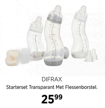 Aanbiedingen Difrax starterset transparant met flessenborstel - Difrax - Geldig van 20/10/2020 tot 16/11/2020 bij Babypark