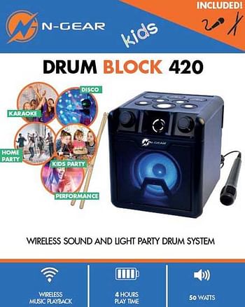 Aanbiedingen N-Gear Drum Block 420 Bluetooth Zwart - N-Gear - Geldig van 17/10/2020 tot 06/12/2020 bij ToyChamp