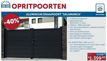 Aanbiedingen Aluminium draaipoort salamanca 356 x 192 cm - Geldig van 17/11/2020 tot 25/12/2020 bij Zelfbouwmarkt
