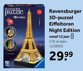 Aanbiedingen Ravensburger 3d-puzzel eiffeltoren night edition - Ravensburger - Geldig van 26/09/2020 tot 06/12/2020 bij Intertoys