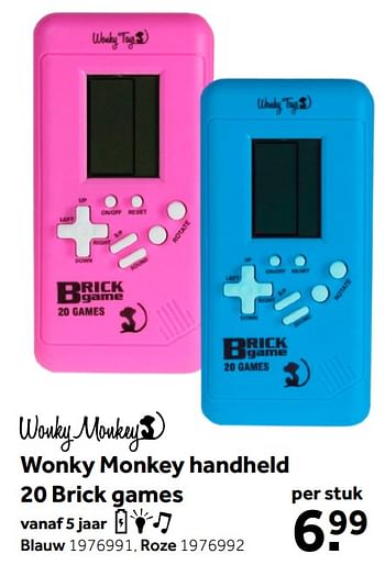 Aanbiedingen Wonky monkey handheld 20 brick games blauw - Wonky Monkey - Geldig van 26/09/2020 tot 06/12/2020 bij Intertoys