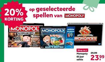 Aanbiedingen Monopoly 85 jaar editie - Hasbro - Geldig van 12/12/2020 tot 27/12/2020 bij Intertoys
