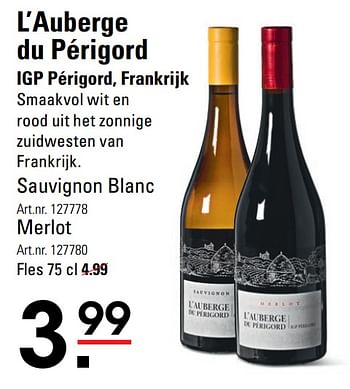 Aanbiedingen L`auberge du périgord igp périgord, frankrijk - Rode wijnen - Geldig van 04/01/2021 tot 25/01/2021 bij Sligro