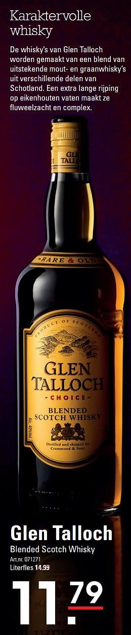 Aanbiedingen Glen talloch blended scotch whisky - Glen Talloch - Geldig van 04/01/2021 tot 25/01/2021 bij Sligro