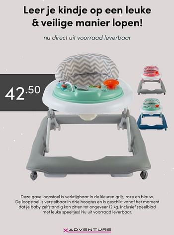 Aanbiedingen Deze gave loopstoel is verkrijgbaar in de kleuren grijs, roze en blauw - Xadventure - Geldig van 17/01/2021 tot 23/01/2021 bij Baby & Tiener Megastore