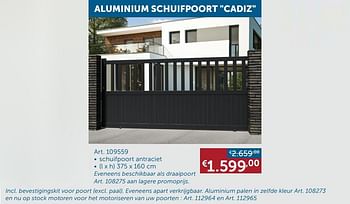 Aanbiedingen Aluminium schuifpoort cadiz - Geldig van 26/01/2021 tot 01/03/2021 bij Zelfbouwmarkt