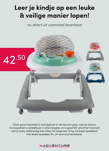 Aanbiedingen Deze gave loopstoel is verkrijgbaar in de kleuren grijs, roze en blauw - Xadventure - Geldig van 31/01/2021 tot 06/02/2021 bij Baby & Tiener Megastore