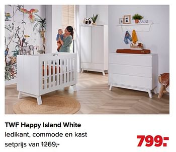 Aanbiedingen Twf happy island white ledikant, commode en kast - TWF - Geldig van 01/02/2021 tot 27/02/2021 bij Baby-Dump