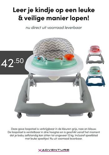 Aanbiedingen Deze gave loopstoel is verkrijgbaar in de kleuren grijs - Xadventure - Geldig van 21/02/2021 tot 27/02/2021 bij Baby & Tiener Megastore
