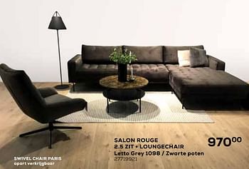 Aanbiedingen Salon rouge 2.5 zit + loungechair letto grey 1098 - zwarte poten - Huismerk - Supra Bazar - Geldig van 23/02/2021 tot 23/03/2021 bij Supra Bazar