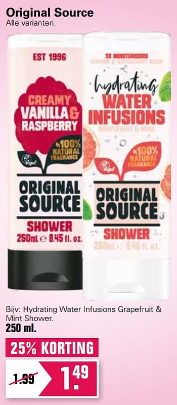 Aanbiedingen Original source hydrating water infusions grapefruit + mint shower - Original Source - Geldig van 24/02/2021 tot 13/03/2021 bij De Online Drogist