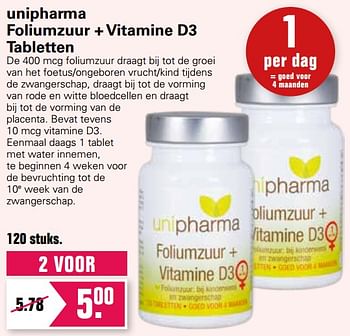 Aanbiedingen Unipharma foliumzuur + vitamine d3 tabletten - Unipharma - Geldig van 24/02/2021 tot 13/03/2021 bij De Online Drogist