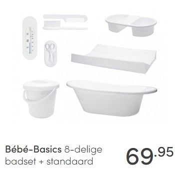 Aanbiedingen Bébé-basics 8-delige badset + standaard - BÃ©bÃ© Basics - Geldig van 28/02/2021 tot 06/03/2021 bij Baby & Tiener Megastore