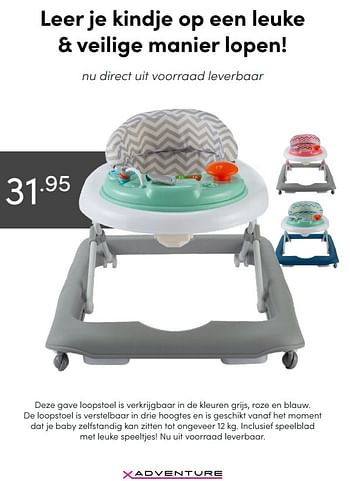 Aanbiedingen Deze gave loopstoel is verkrijgbaar in de kleuren grijs - Xadventure - Geldig van 28/02/2021 tot 06/03/2021 bij Baby & Tiener Megastore