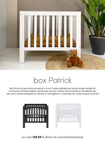 Aanbiedingen Box patrick - Huismerk - Baby &amp; Tiener Megastore - Geldig van 07/03/2021 tot 13/03/2021 bij Baby & Tiener Megastore