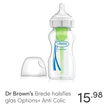 Aanbiedingen Dr brown`s brede halsfles glas options+ anti colic - DrBrown's - Geldig van 07/03/2021 tot 13/03/2021 bij Baby & Tiener Megastore