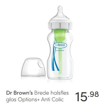 Aanbiedingen Dr brown`s brede halsfles glas options+ anti colic - DrBrown's - Geldig van 14/03/2021 tot 20/03/2021 bij Baby & Tiener Megastore