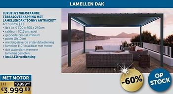 Aanbiedingen Luxueuze vrijstaande terrasoverkapping met lamellendak sonny antraciet met motor - Geldig van 30/03/2021 tot 26/04/2021 bij Zelfbouwmarkt