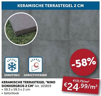 Aanbiedingen Keramische terrastegel nino donkergrijs 2 cm - Geldig van 06/04/2021 tot 03/05/2021 bij Zelfbouwmarkt