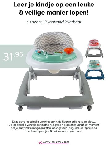 Aanbiedingen Deze gave loopstoel is verkrijgbaar in de kleuren grijs, roze en blauw - Xadventure - Geldig van 04/04/2021 tot 10/04/2021 bij Baby & Tiener Megastore