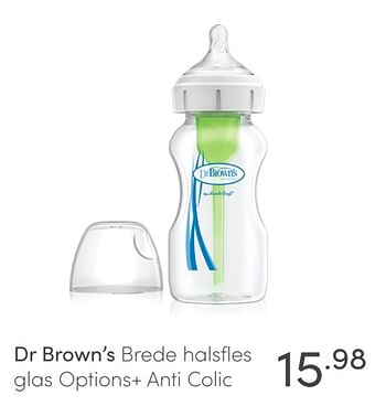 Aanbiedingen Dr brown`s brede halsfles glas options+ anti colic - DrBrown's - Geldig van 18/04/2021 tot 24/04/2021 bij Baby & Tiener Megastore