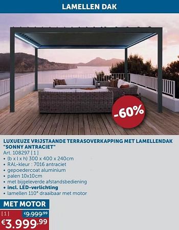 Aanbiedingen Luxueuze vrijstaande terrasoverkapping met lamellendak sonny antraciet met motor - Geldig van 27/04/2021 tot 24/05/2021 bij Zelfbouwmarkt