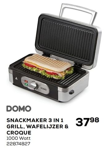 Aanbiedingen Domo snackmaker 3 in 1 grill, wafelijzer + croque - Domo elektro - Geldig van 20/04/2021 tot 25/05/2021 bij Supra Bazar